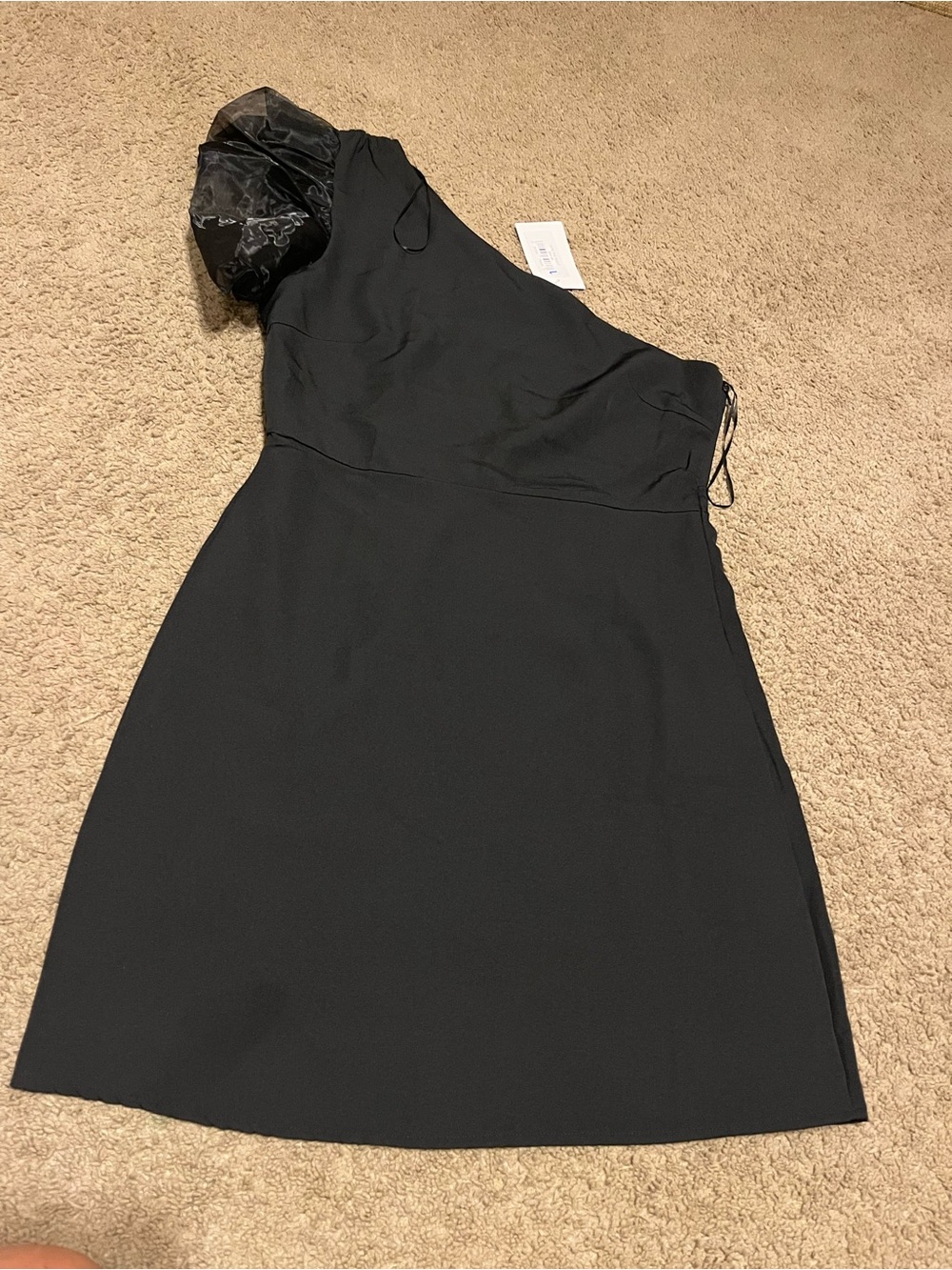 Charisma One-Shoulder Black Cocktail Dress with Sheer Puff Sleeve